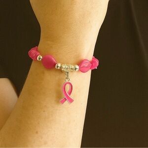 Hand Crafted Pink Breast Cancer Awareness Charm Bracelet Silver Magnetic Clasp